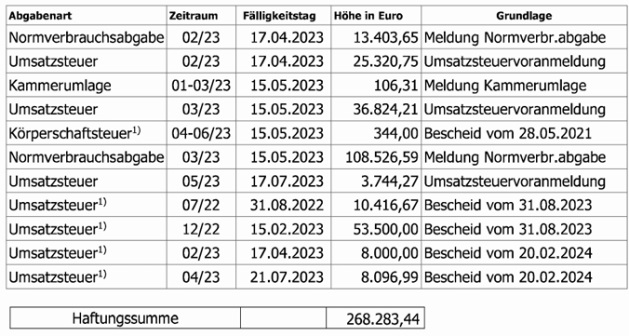 Aufstellung der von der Haftung umfassten Abgaben samt Fälligkeitstag und Höhe in Euro
